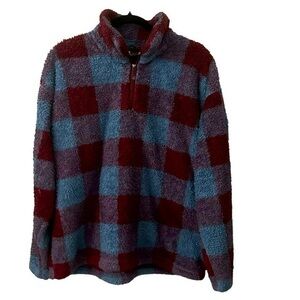 EDDIE‎ BAUER Blue & Brick Red Plaid Fleece Pullover Size 2XL